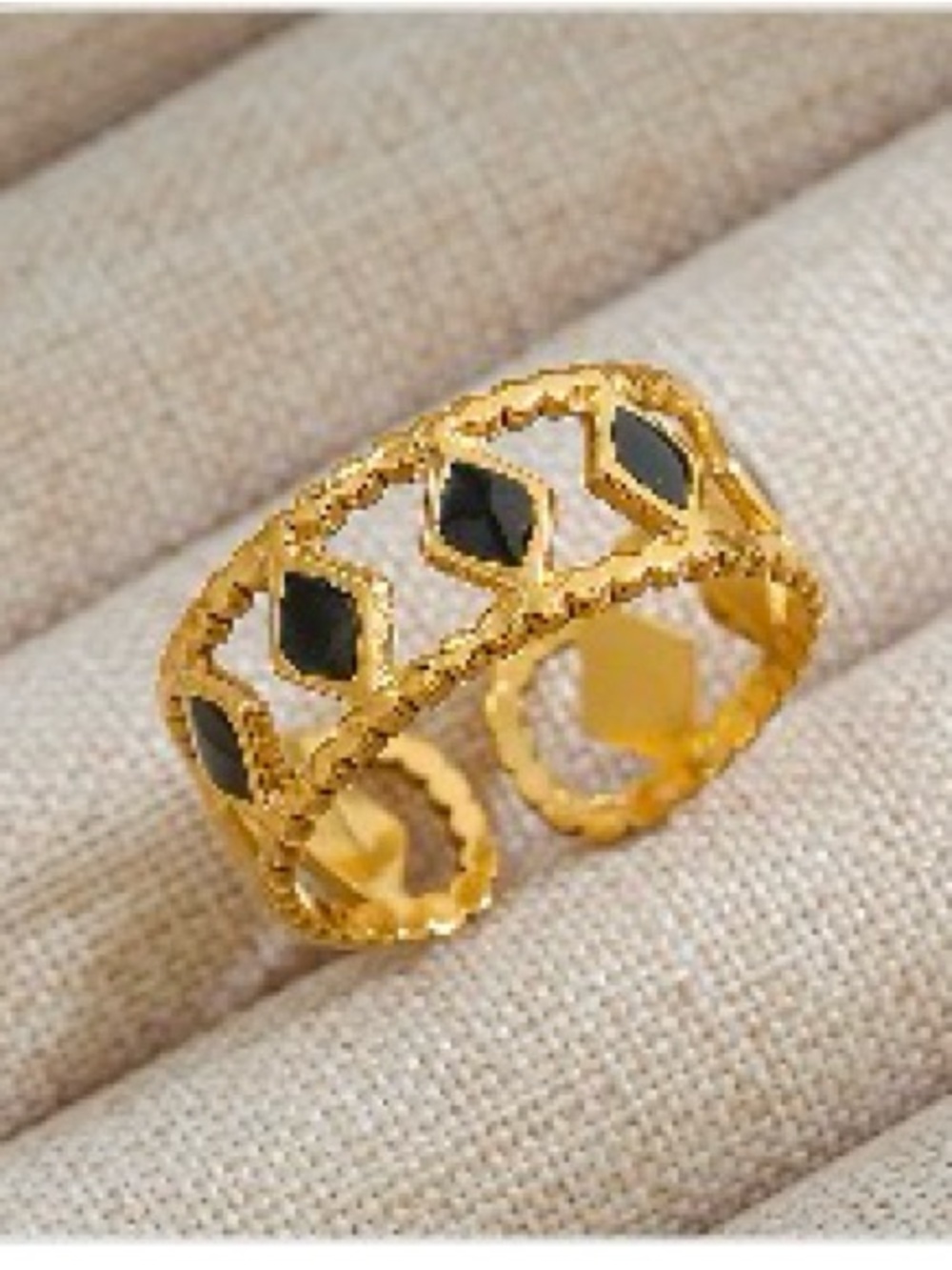 18k Gold-plated Open Band Ring with Black Inlay - Women Jewelry
